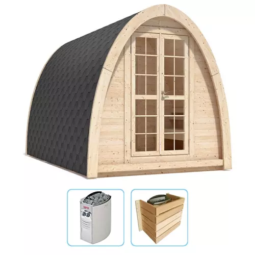 Sauna finlandese tradizionale da esterno MODI 2-4 posti con spogliatoio - KIT STANDARD CON RISCALDATORE ELETTRICO