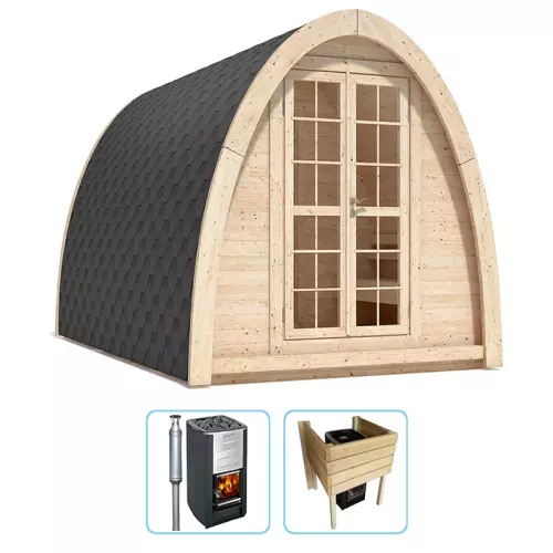 Sauna finlandese tradizionale da esterno MODI 2-4 posti con spogliatoio - KIT STANDARD CON STUFA A LEGNA