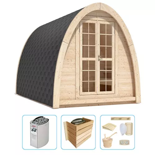 Sauna finlandese tradizionale da esterno MODI 2-4 posti con spogliatoio - KIT PRO CON RISCALDATORE ELETTRICO