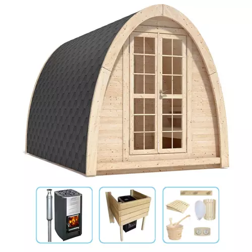 Sauna finlandese tradizionale da esterno MODI 2-4 posti con spogliatoio - KIT PRO CON STUFA A LEGNA