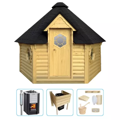 Sauna finlandese tradizionale da esterno ODINO 6-8 posti - KIT PRO CON STUFA A LEGNA