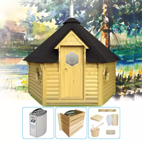 Sauna finlandese tradizionale da esterno ODINO 5-7 posti con spogliatoio - KIT PRO CON RISCALDATORE ELETTRICO