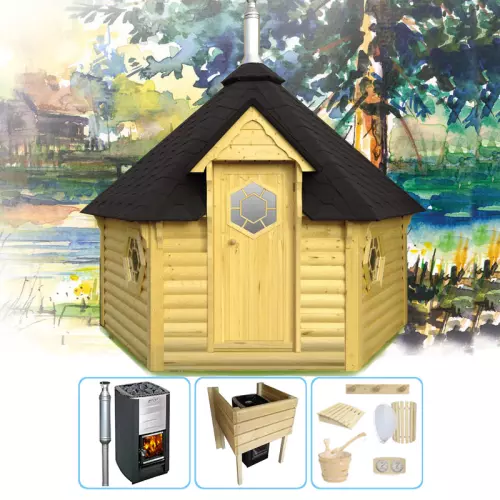 Sauna finlandese tradizionale da esterno ODINO 5-7 posti con spogliatoio - KIT PRO CON STUFA A LEGNA