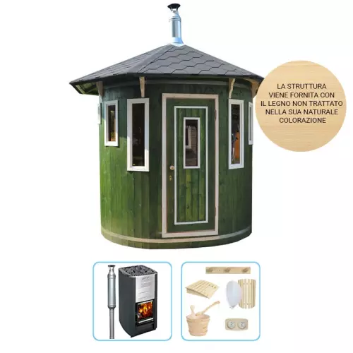Sauna finlandese tradizionale da esterno CARONTE 5-7 posti - KIT PRO CON STUFA A LEGNA