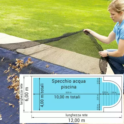 Rete raccogli foglie 12,00 x 6,00 m per piscine fino a 10,00 x 4,00 m con scala romana