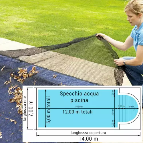 Rete raccogli foglie 14,00 x 7,00 m per piscine fino a 12,00 x 5,00 m con scala romana