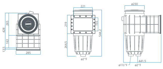 Skimmer sfioratore a bocca stretta per piscina dimensioni