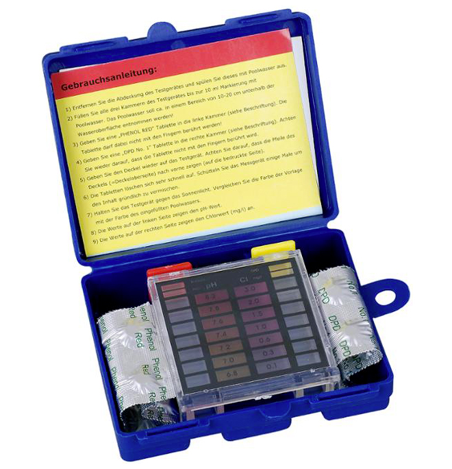 Kit tester in pastiglie per la misurazione DPD e fenol red in acqua piscina.