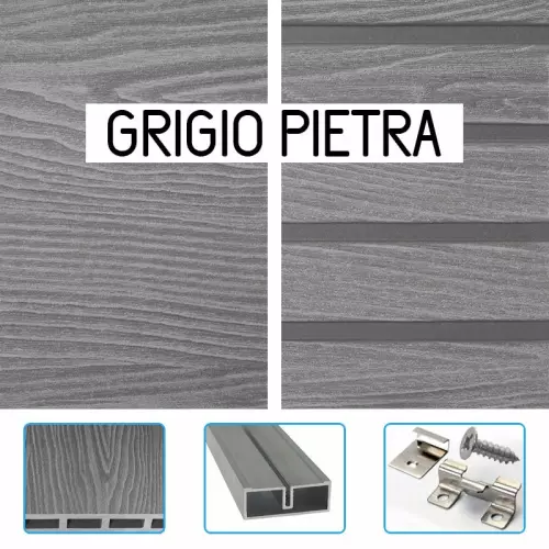Listone in legno composito WPC WOOD Double Face 220 x 16,5 x 2,4 cm con KIT di installazione - colore GRIGIO PIETRA