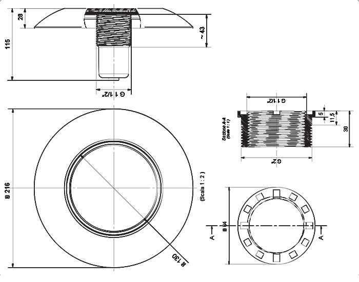 Dimensioni Faro LED per bocchetta piscina Bianco/RGB Aqua &Atilde;&tilde; 216 mm fino a 1780 lumen
