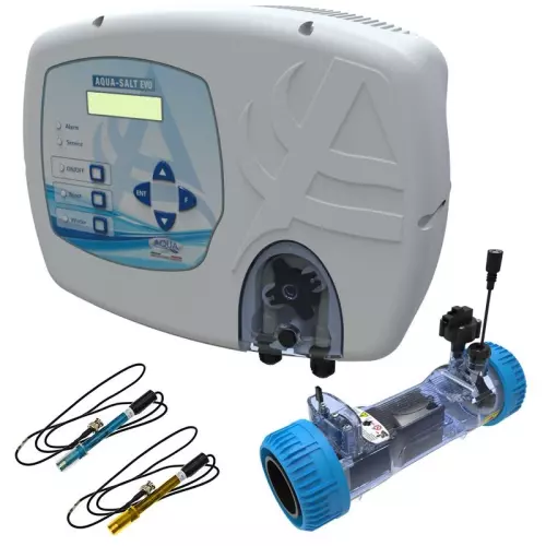 Sterilizzatore AQUA SALT EVO con sensore di flusso, regolatore pH, lettura cloro tramite sensore redox e cella elettrolitica per piscine fino a 200 m³