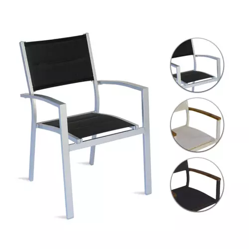 Sedia da giardino in alluminio e teak con braccioli, seduta imbottita