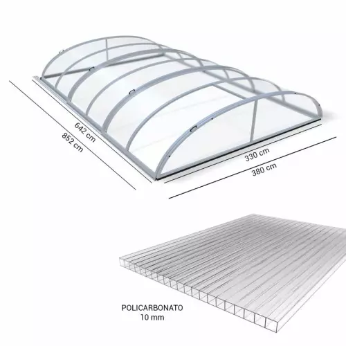 Copertura telescopica per piscina CAROLINA STANDARD : Elox - 3,30 x 6,42 x h 0,72 m con porta laterale destra - pareti 10 mm
