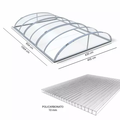 Copertura telescopica per piscina CAROLINA STANDARD : Elox - 4,30 x 8,54 x h 0,84 m con porta laterale destra - pareti 10 mm