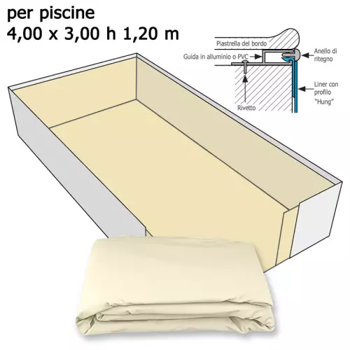 Rivestimento interno liner presaldato a sacco, colore sabbia in PVC 0,75 mm per piscina 4,00 x 3,00 h1,20 m