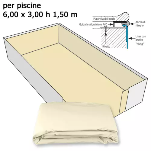Rivestimento interno liner presaldato a sacco, colore sabbia in PVC 0,75 mm per piscina 6,00 x 3,00 h1,50 m