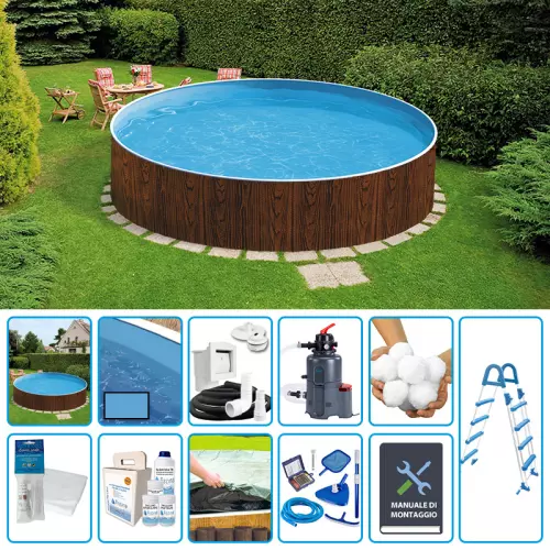 Piscina fuori terra circolare AZURO WOOD Ø 4,60 h.1,20 m - KIT PRO