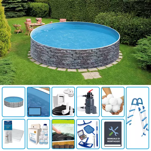 Piscina fuori terra circolare AZURO STONE Ø 3,60 h.0,90 m - KIT PRO