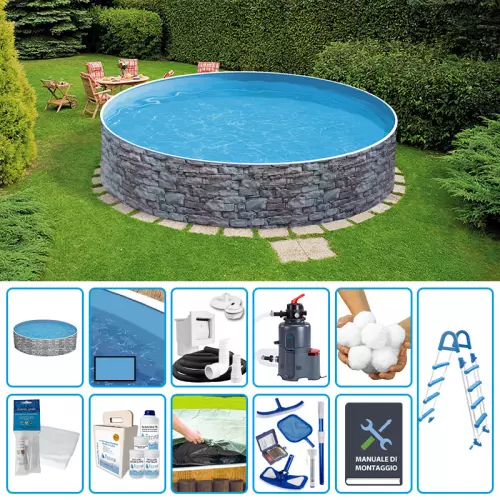 Piscina fuori terra circolare AZURO STONE Ø 4,00 h.1,20 m - KIT PRO
