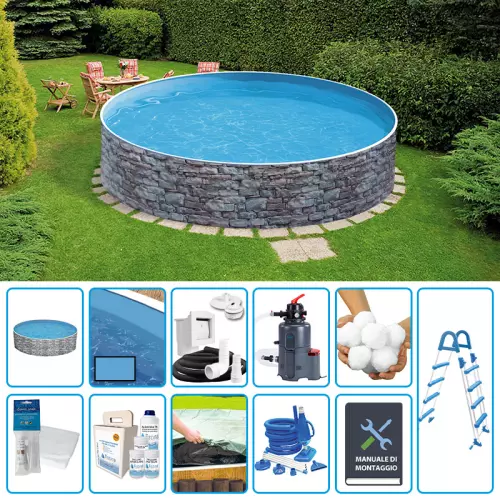 Piscina fuori terra circolare AZURO STONE Ø 4,60 h.1,20 m - KIT PRO