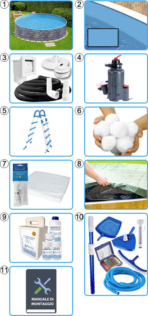 Materiale incluso piscina fuori terra circolare AZURO STONE - KIT PRO