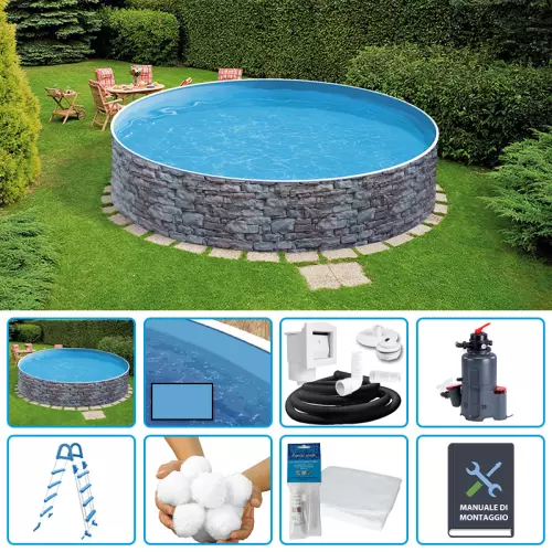 Piscina fuori terra circolare AZURO STONE Ø 5,00 h.1,20 m - KIT EASY