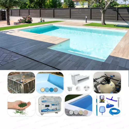 Piscina interrata ITALIKA Steel in pannelli d'acciaio 9,00 X 5,50 h 1,20 m - kit PRO BOX con scala recessa sul lato lungo