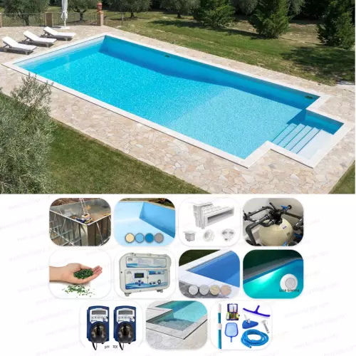 Piscina interrata ITALIKA Steel in pannelli d'acciaio 6,50 X 3,00 h 1,50 m - kit SENZA PENSIERI con scala recessa sul lato corto