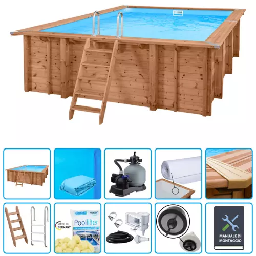 Piscina in legno rettangolare NaturalWood 600 - 6,00 x 4,19 x h.1,31 m con liner BLU 0,75 mm - KIT BASE