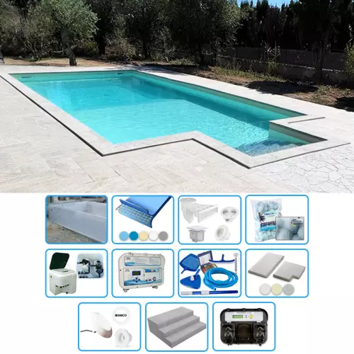 Piscina interrata ITALIKA Blok 11,50 x 5,00 h 1,20 m - KIT SENZA PENSIERI con scala recessa sul lato corto