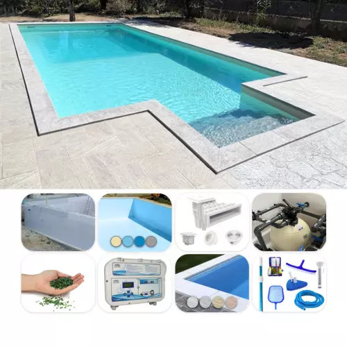 Piscina interrata ITALIKA Blok 13,50 x 6,00 h 1,50 m - KIT PRO BOX con scala recessa sul lato corto