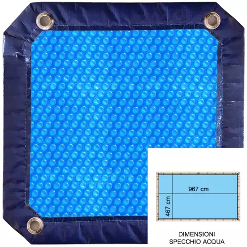 Copertura isotermica 9,67 x 4,67 m BUBBLE Blu 365 gr/m² con occhielli per piscine in legno rettangolari 9,67 x 4,67 m
