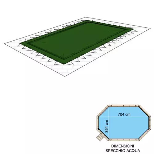 Copertura invernale sagomata GEOCOVER 210 gr/m² con occhielli e corda elastica per piscine in legno ottagonali allungate 7,04 x 3,54 m