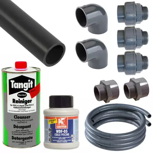Kit di collegamento con tubi da Ø 50 mm per piscine da interrare con 1 skimmer e 1 bocchetta - 50 metri