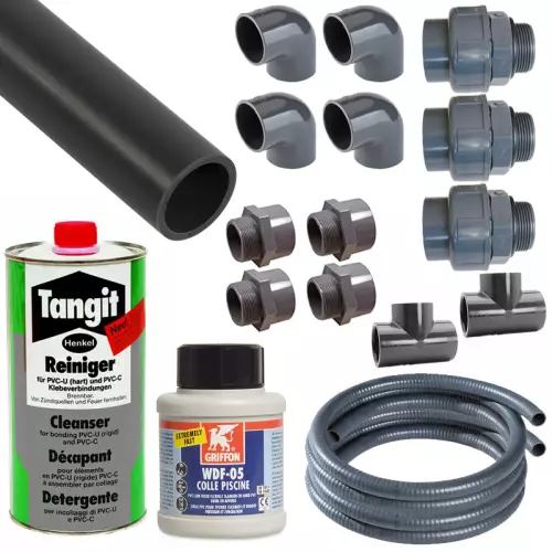 Kit di collegamento con tubi da Ø 50 mm per piscine da interrare con 2 skimmer e 2 bocchette - 50 metri