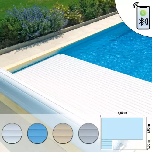 Copertura a tapparella di sicurezza fuori acqua Polartex® ROLLCOVER CONNECT per piscine rettangolari a forma di L 6 x 4,50 m