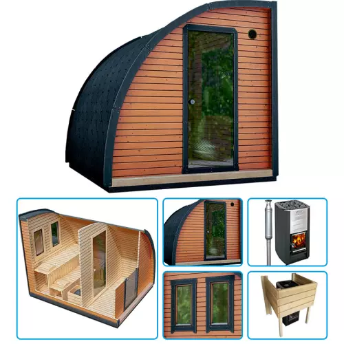 Sauna finlandese tradizionale da esterno NOMAD Medium 2-4 posti con spogliatoio - KIT BASE CON STUFA A LEGNA