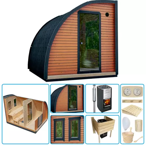 Sauna finlandese tradizionale da esterno NOMAD Medium 2-4 posti con spogliatoio - KIT PRO CON STUFA A LEGNA