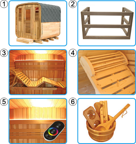 Materiale incluso sauna finlandese tradizionale da esterno GIUNONE 3-6 posti Materiale incluso sauna finlandese tradizionale da esterno GIUNONE 3-6 posti