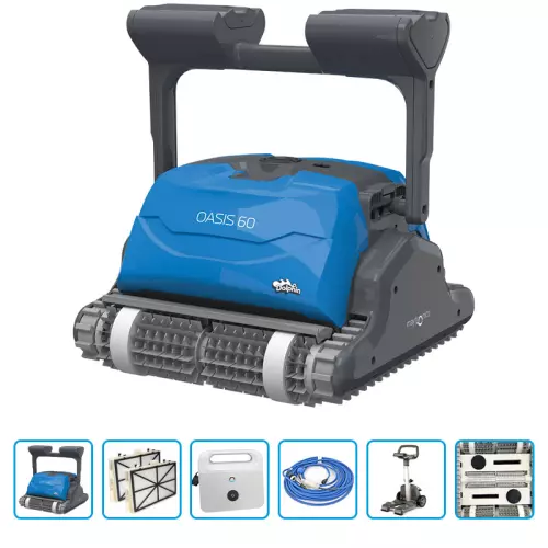 Robot piscina Dolphin OASIS 60 con spazzole COMBINATE, terza spazzola attiva centrale, trasformatore digitale IoT e carrello