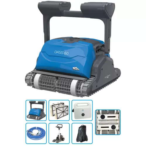 Robot piscina Dolphin OASIS 60 PREMIUM con spazzole COMBINATE, trasformatore digitale IoT, terza spazzola attiva centrale, carrello e copertura protettiva