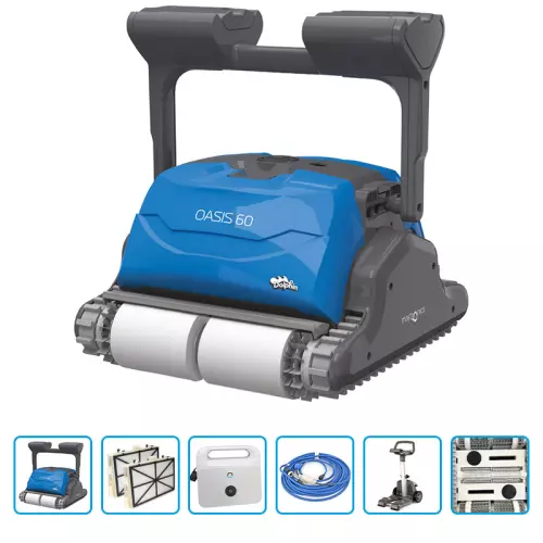 Robot piscina Dolphin OASIS 60 con spazzole KANEBO, terza spazzola attiva centrale, trasformatore digitale IoT e carrello