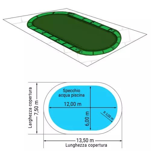 Copertura 13,50 x 7,50 m invernale Standard 240 gr/m² con bretelle e 43 salamotti per piscina Olivia 12,00 x 6,00 m