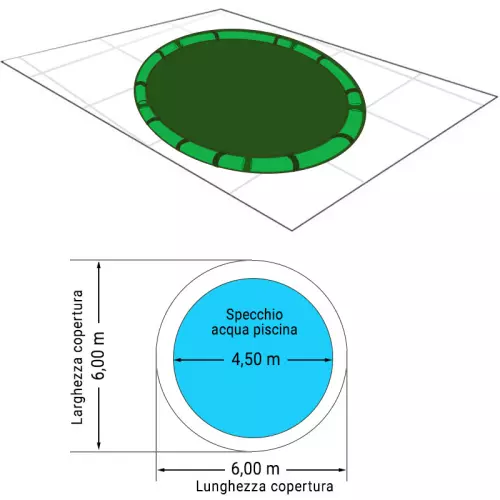 Copertura Ø 6,00 m invernale Standard 240 gr/m² con bretelle e 25 salamotti per piscina rotonda Ø 4,50 m