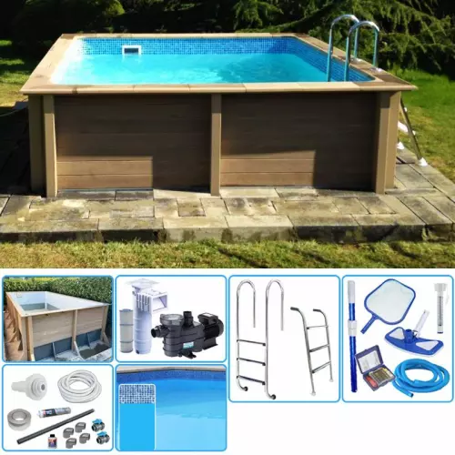 KIT Piscina cemento effetto legno NATURALIS quadrata 3,24 x 3,24 x h 1,40 m con filtrazione a cartuccia