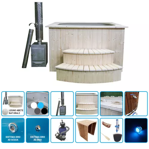 Tinozza idromassaggio in legno e polipropilene BALDR 1,80 x 1,80 m con stufa esterna - KIT WELLNESS