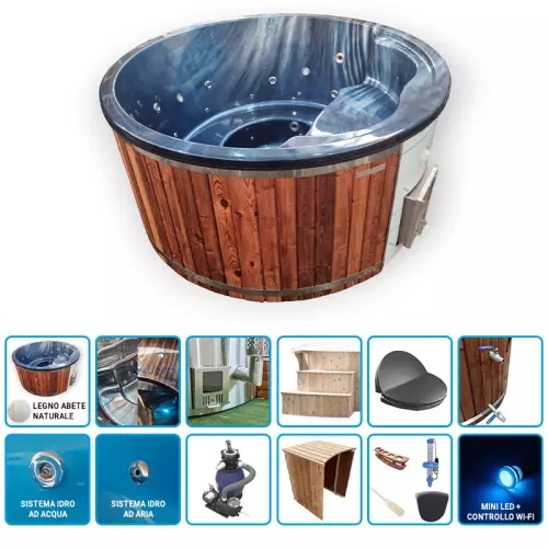 Tinozza idromassaggio in legno e acrilico SKADI Marble Ø 1,80 m con stufa integrata - KIT WELLNESS