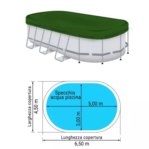 Copertura sagomata 6,50 x 4,50 m invernale 240 gr/m² con occhielli e corda elastica per piscine ovali 5,00 x 3,00 m