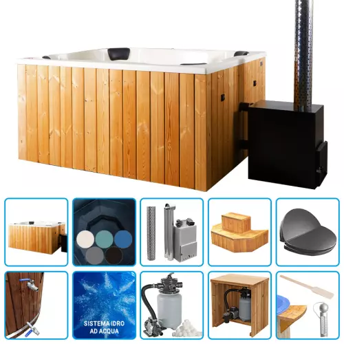 Tinozza idromassaggio in legno e vetroresina NEMO 2,00 x 1,70 m con stufa esterna - KIT PRO