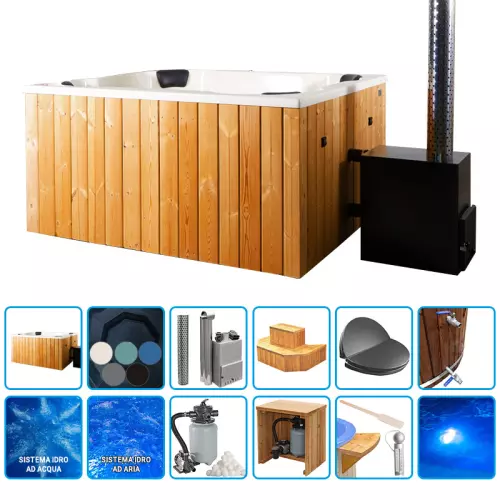 Tinozza idromassaggio in legno e vetroresina NEMO 2,00 x 1,70 m con stufa esterna - KIT WELLNESS